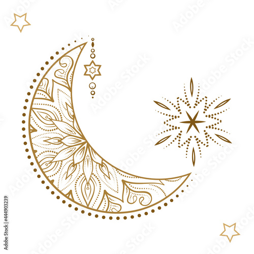 Golden crescent moon temporary tattoo. Ethnic style vector graphic.