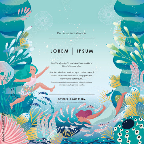  Vector illustration of a frame template design with women swimming in a mysterious underwater world with various creatures. A cheerful and cool image for the summer season.  	