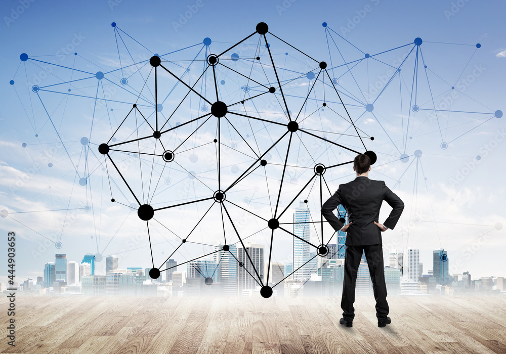 International business networking and social connection against modern city background International business networking and social connection against modern city background