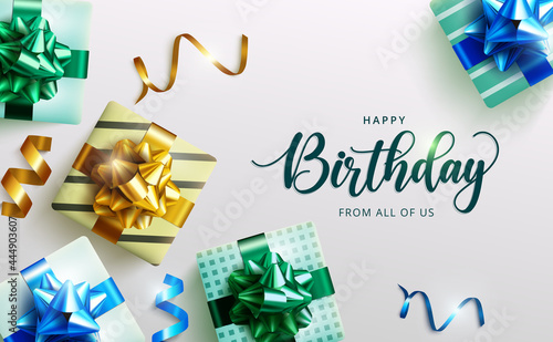 Birthday gifts vector design. Happy birthday greeting text with gift boxes and ribbon lasso party elements for birth day surprise celebration card decoration. Vector illustration
