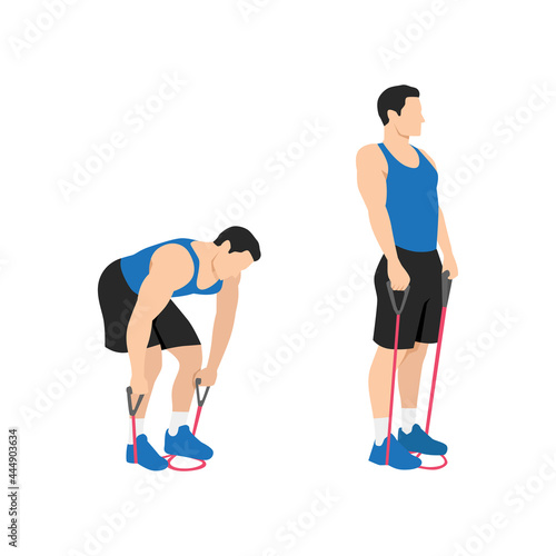 Man doing Resistance band deadlifts exercise. Flat vector illustration isolated on white background