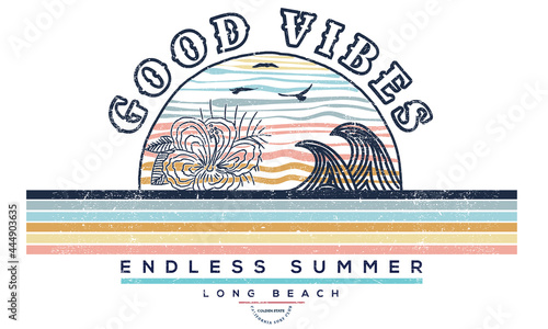 Endless summer ocean wave t shirt design. Tropical flower artwork for apparel.  Beach vibes striker graphic print .
