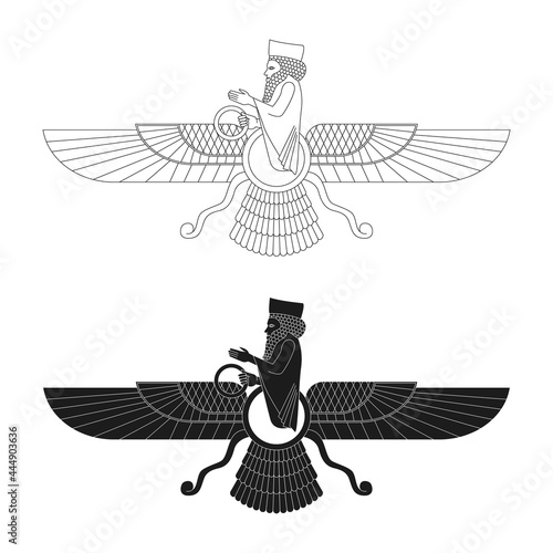 vector monochrome icon with ancient  sumerian symbol Faravahar for your project