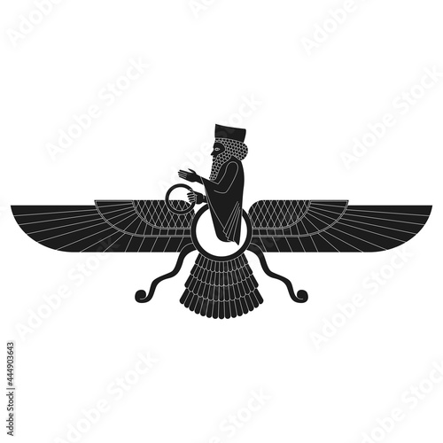 vector monochrome icon with ancient  sumerian symbol Faravahar for your project
