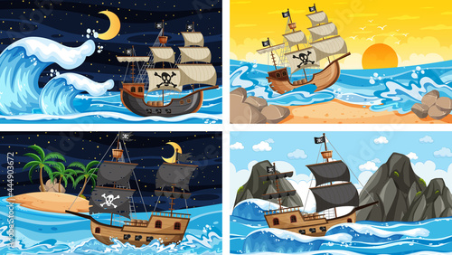 Set of Ocean with Pirate ship at different times scenes  in cartoon style