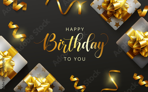 Birthday gifts vector background design. Happy birthday to you greeting text with elegant gift boxes and gold ribbon birth day party elements for celebration card design. Vector illustration
