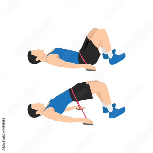 Man doing Resistance band glute bridges exercise. Flat vector illustration isolated on white background