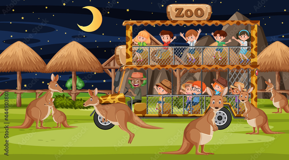 Fototapeta premium Safari at night scene with many kids watching leopard group