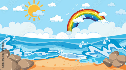 Beach landscape at day time scene with rainbow in the sky