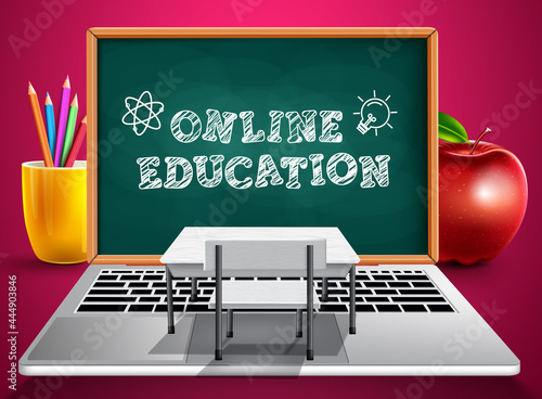 Online education digital classroom vector design. Online education text in chalkboard and laptop with chair and desk element for e-learning study on computer device. Vector illustration
