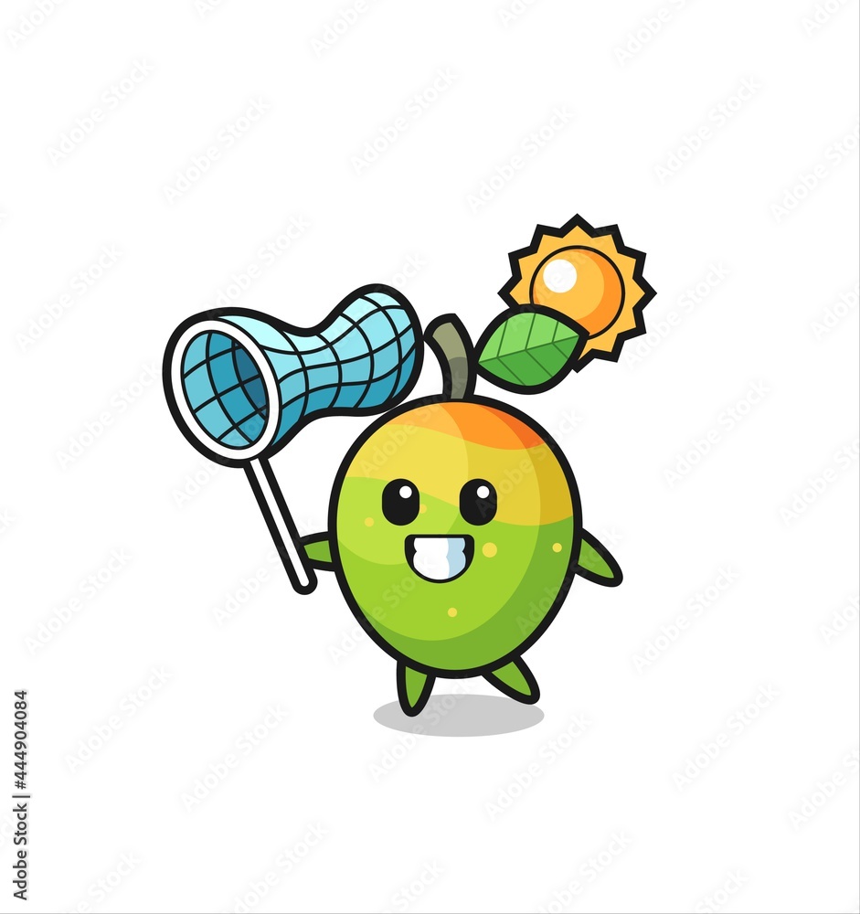 Obraz premium mango mascot illustration is catching butterfly