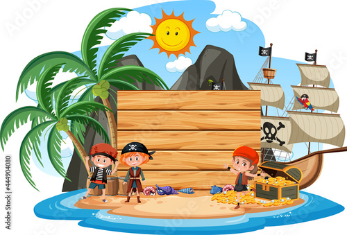 Pirate island with an empty banner isolated on white background
