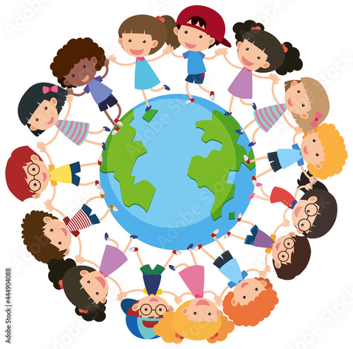 Many children holding hands and standing around the Earth