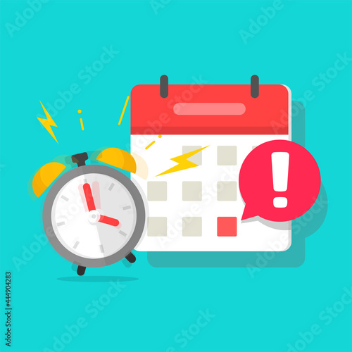 Important due date deadline in calendar organizer message alert or reminder caution notification notice with alarm clock signaling meeting or project event warning vector concept flat