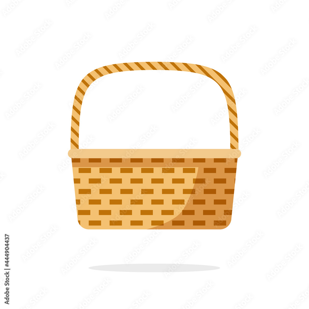 Wicker picnic weave basket or rustic bag vector flat cartoon icon isolated clipart