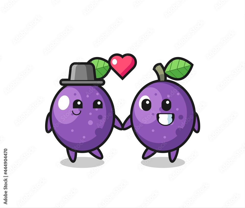 passion fruit cartoon character couple with fall in love gesture