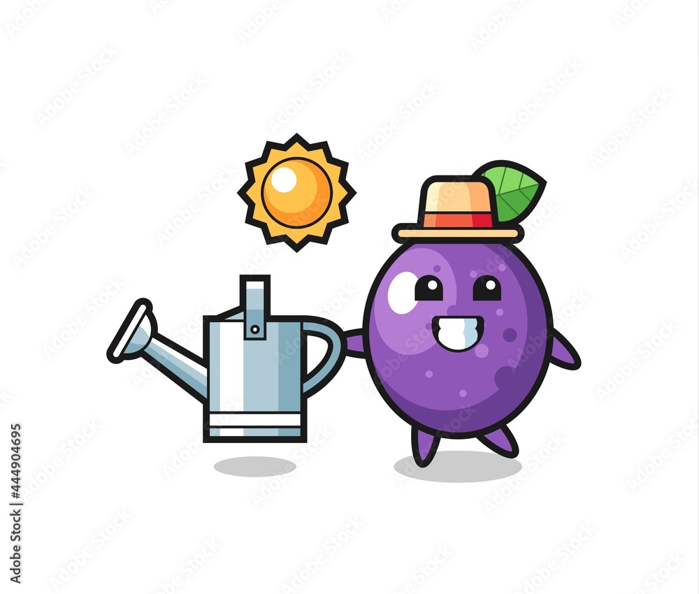 Cartoon character of passion fruit holding watering can Cartoon character of passion fruit holding watering can