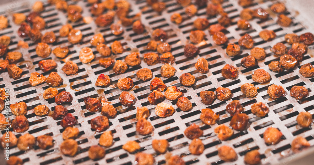 Fototapeta premium The process of cooking dry yellow cherries in an electric automatic dryer at home.