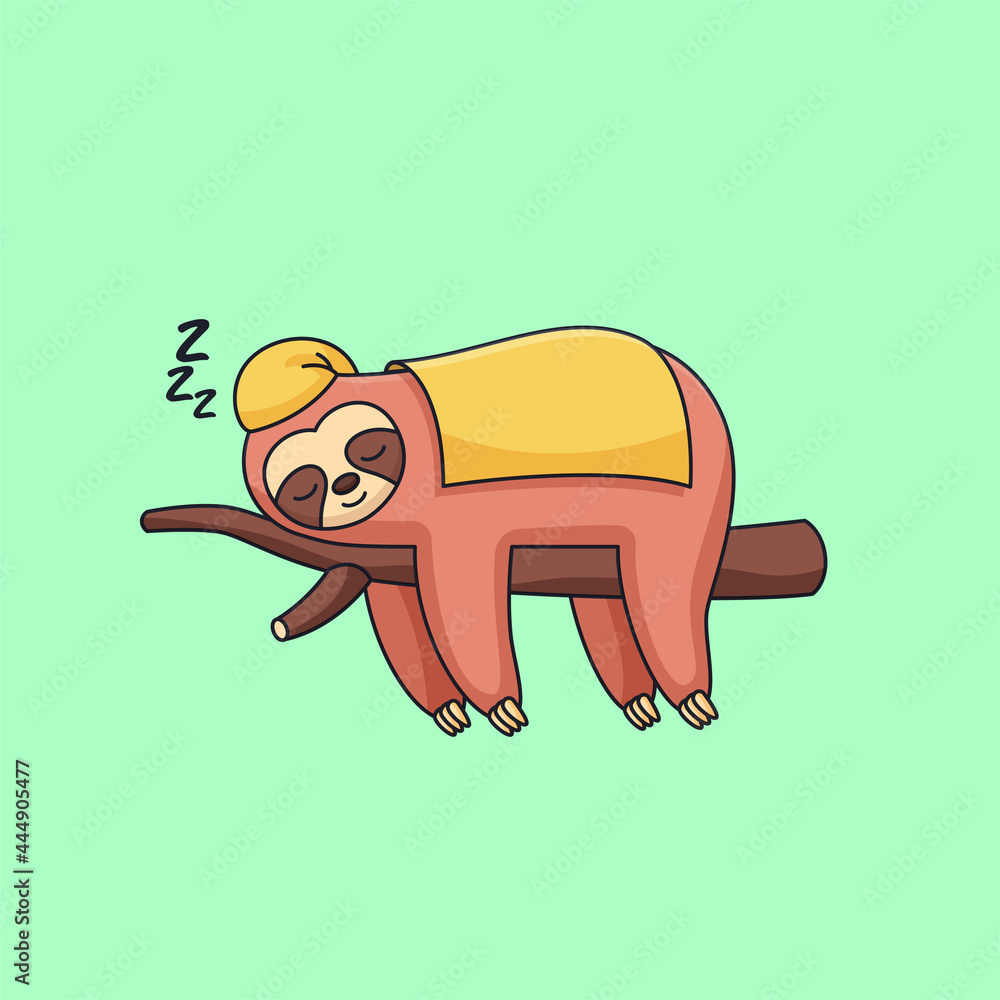 Obraz premium Cute sloth sleeping wearing blanket on twigs animal cartoon vector illustration