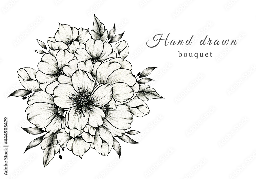 Elegant black and white wedding bouquet isolated on white, spring blossom composition, beautiful botanic illustration and black ink floral sketch for cards, greetings, prints, weddings or invites