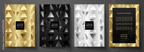 Modern black and gold background design set. Abstract luxury geometric pattern (silver triangle texture). Graphic vector background for notebook template, business template, brochure, restaurant menu