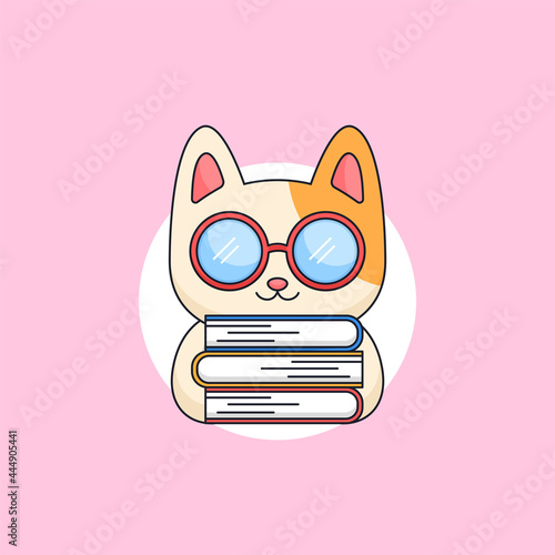 Cute kitten cat wearing geek glasses holding books bookworm animal mascot cartoon vector illustration design