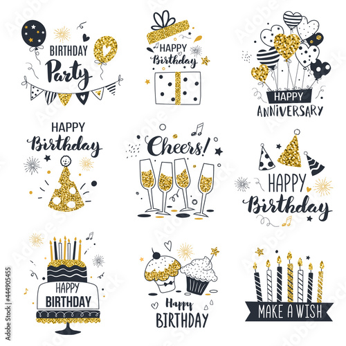 Set of birthday greeting cards design, black and gold colors, hand drawn style
