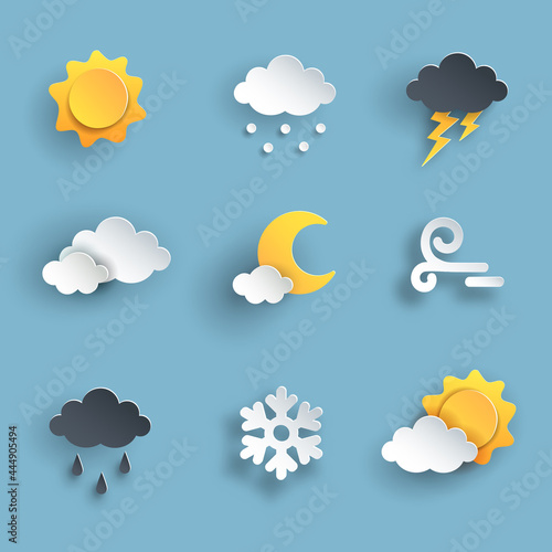 Weather icon set, paper cut vector illustration