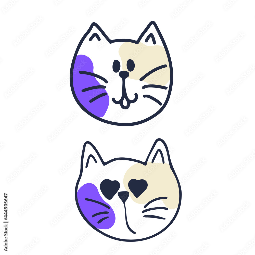 Cat headset. Set of cute cats. Vector isolated on white background. Free drawing style
