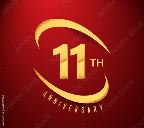 11th years anniversary with swoosh design golden color isolated on red background for celebration