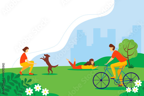 City park with people doing various activities. The concept of outdoor recreation. Summer vector illustration.