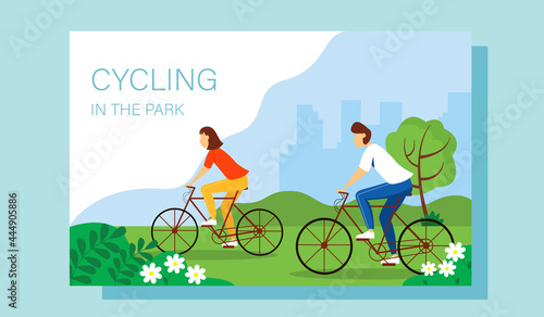 Cycling in the park landing page template. Active and healthy lifestyle concept. Vector illustration.