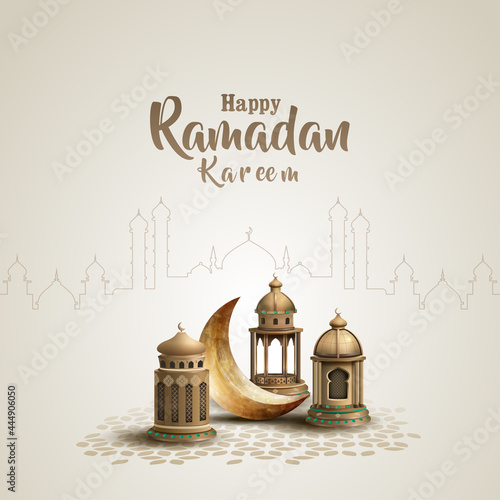 islamic greeting ramadan kareem card design background with beautiful lanterns and crescent