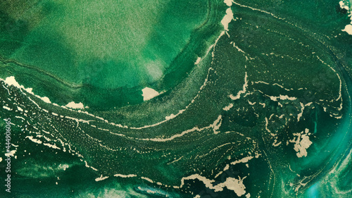 Close-up emerald ink with gold waves spread like an ocea, top view. Abstract fluid art. Goldish islands, golden sand on green ink spread. Amazing texture, background. Sparkling paints