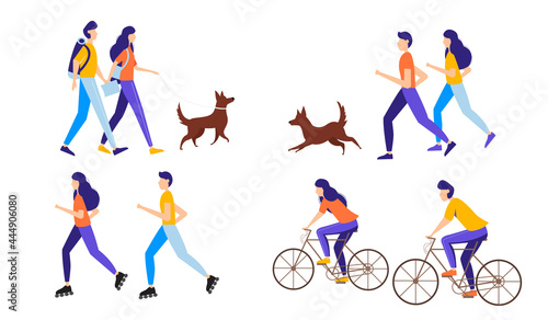 Couple man and girl doing various outdoor activities. Vector illustration in a flat style.