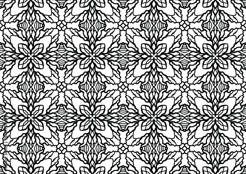 seamless tile with folk style figures and abstract flowers on a white background for coloring, vector