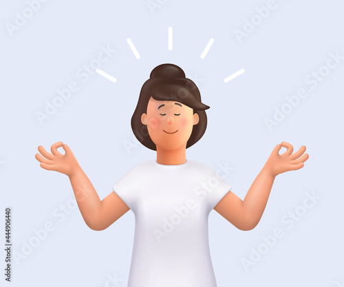 Young woman Jane meditating. Meditation practice. Concept of zen, harmony, yoga, meditation, relax, recreation, healthy lifestyle. 3d vector people character illustration.