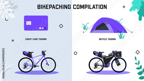 Bikepacking example for bicycle touring and credit card touring. Vector illustration
