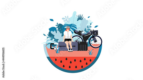 Girl on vacation sitting on suitcase. Conceptual illustration of travel and adventure. Bicycle touring.