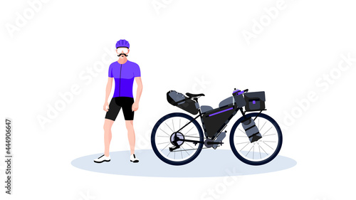Vector cyclist with touring gravel. Bikepacking setup. Vector illustration