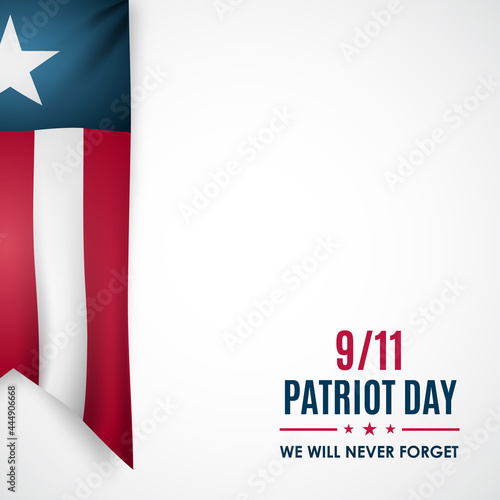 Patriot Day banner. Realistic ribbon in national colors of USA. 9/11 We will never forget. Design for postcard, flyer, poster, banner. Stock vector illustration.