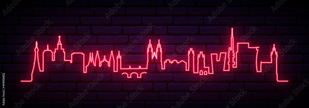 Fototapeta premium Red neon skyline of Prague. Bright Prague City long banner. Vector illustration.