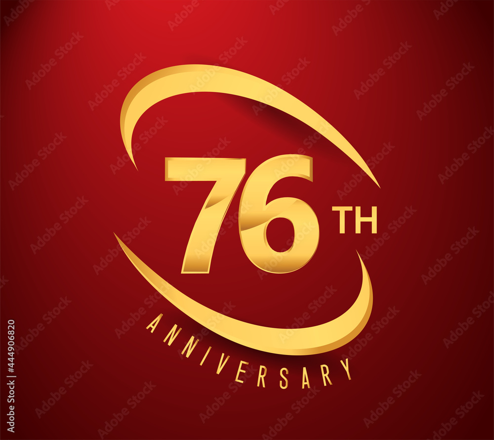 Obraz premium 76th years anniversary with swoosh design golden color isolated on red background for celebration