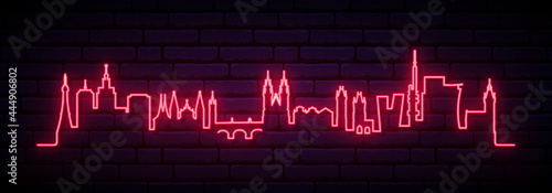 Red neon skyline of Prague. Bright Prague City long banner. Vector illustration.