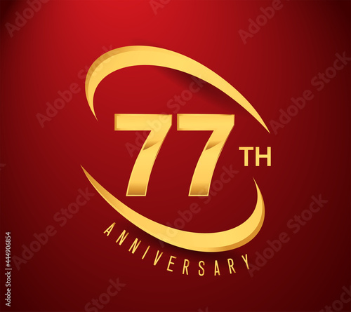 77th years anniversary with swoosh design golden color isolated on red background for celebration