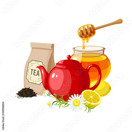 Tea collection, honey and lemon. Vector illustration cartoon flat icon composition isolated on white background.