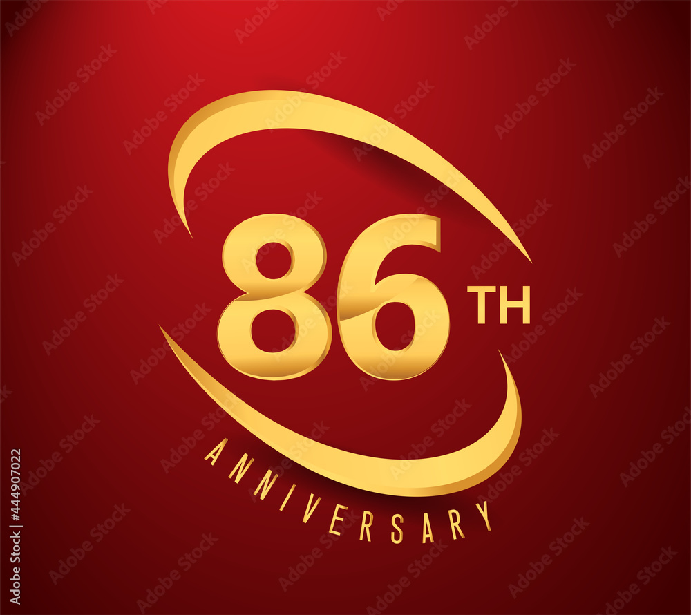 Obraz premium 86th years anniversary with swoosh design golden color isolated on red background for celebration