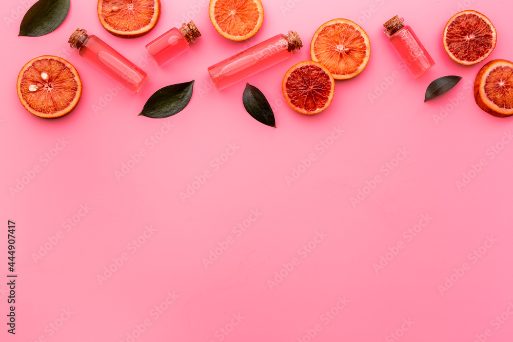Flat lay of citrus cosmetic with essential oil vitamin c Flat lay of citrus cosmetic with essential oil vitamin c