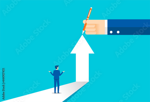 Businessman looking at complicated arrow symbol