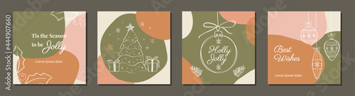 Set of Merry Christmas ornaments square template with vector illustration of christmas tree and christmas balls and decorations for greeting cards, advertising, social media, promotiong and marketing
